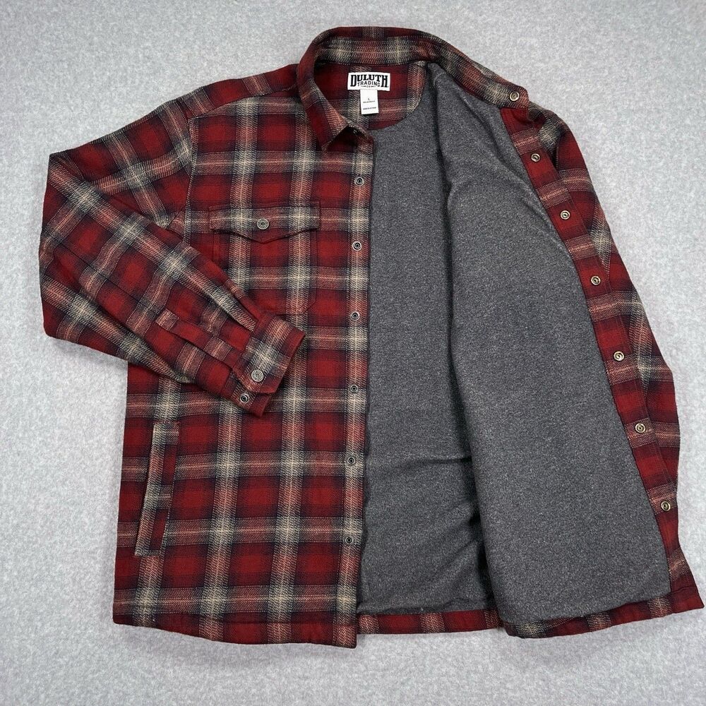 Duluth Trading Flapjack Fleece Lined Shirt Jacket Mens Large Red Plaid Shacket